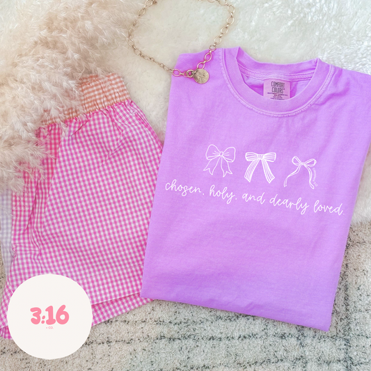Chosen, Holy & Dearly Loved – Bow Script Tee