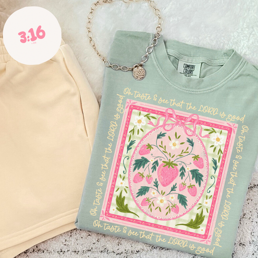 Taste & See – Psalm 34:8 Strawberry Floral Tee