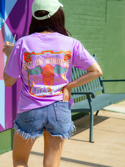 Put On Wings of Freedom Tee – Neon Lavender Winged Lion Christian Shirt